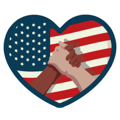 Heart graphic of American flag with brown and white hands united